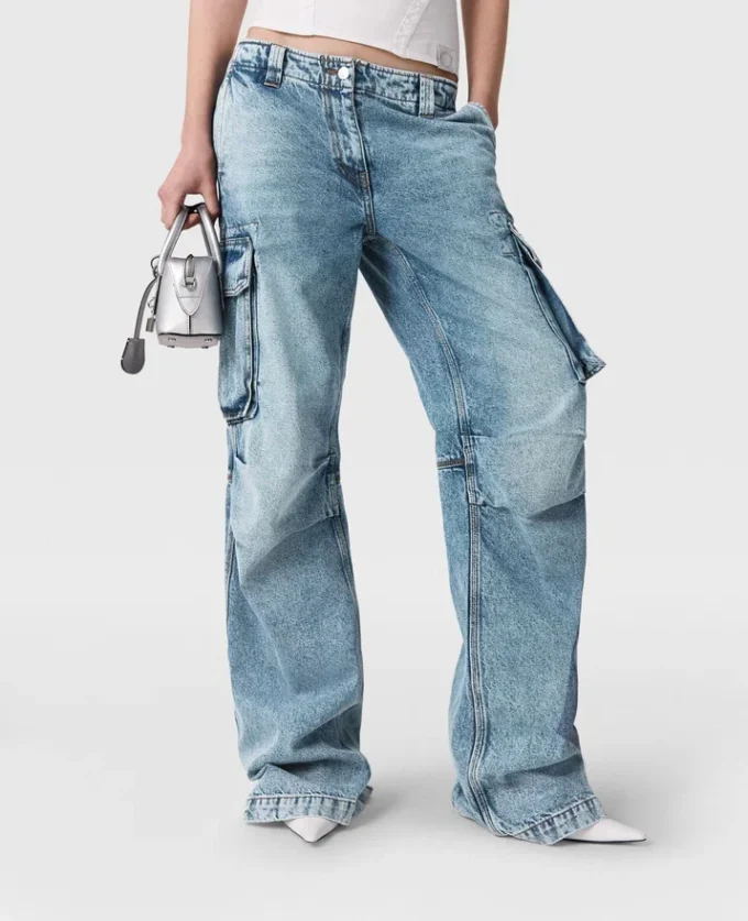 Vintage Wash Denim Cargo Jeans